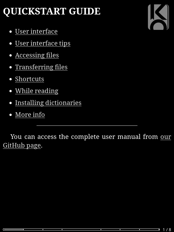 小 Kindle 上实际运行的 KOReader Quickstart Guide 页面