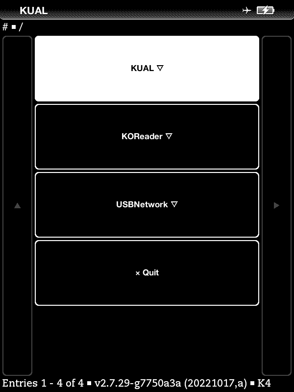 小 Kindle 上的 KUAL 菜单，包含 KOReader 与 USBNetwork