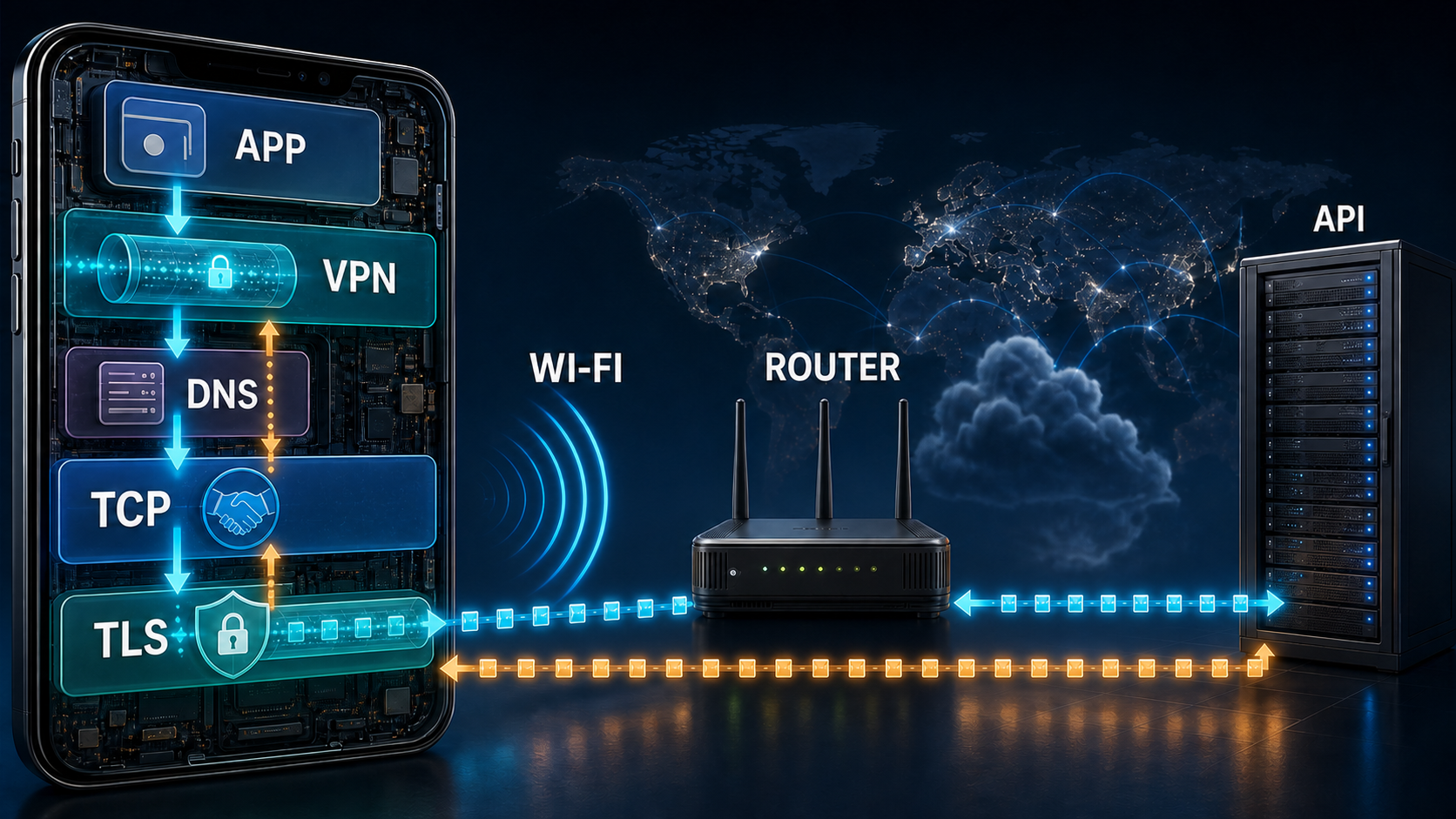 一次请求从 App、VPN、DNS、TCP、TLS 到 Wi-Fi 和远端 API 的旅程