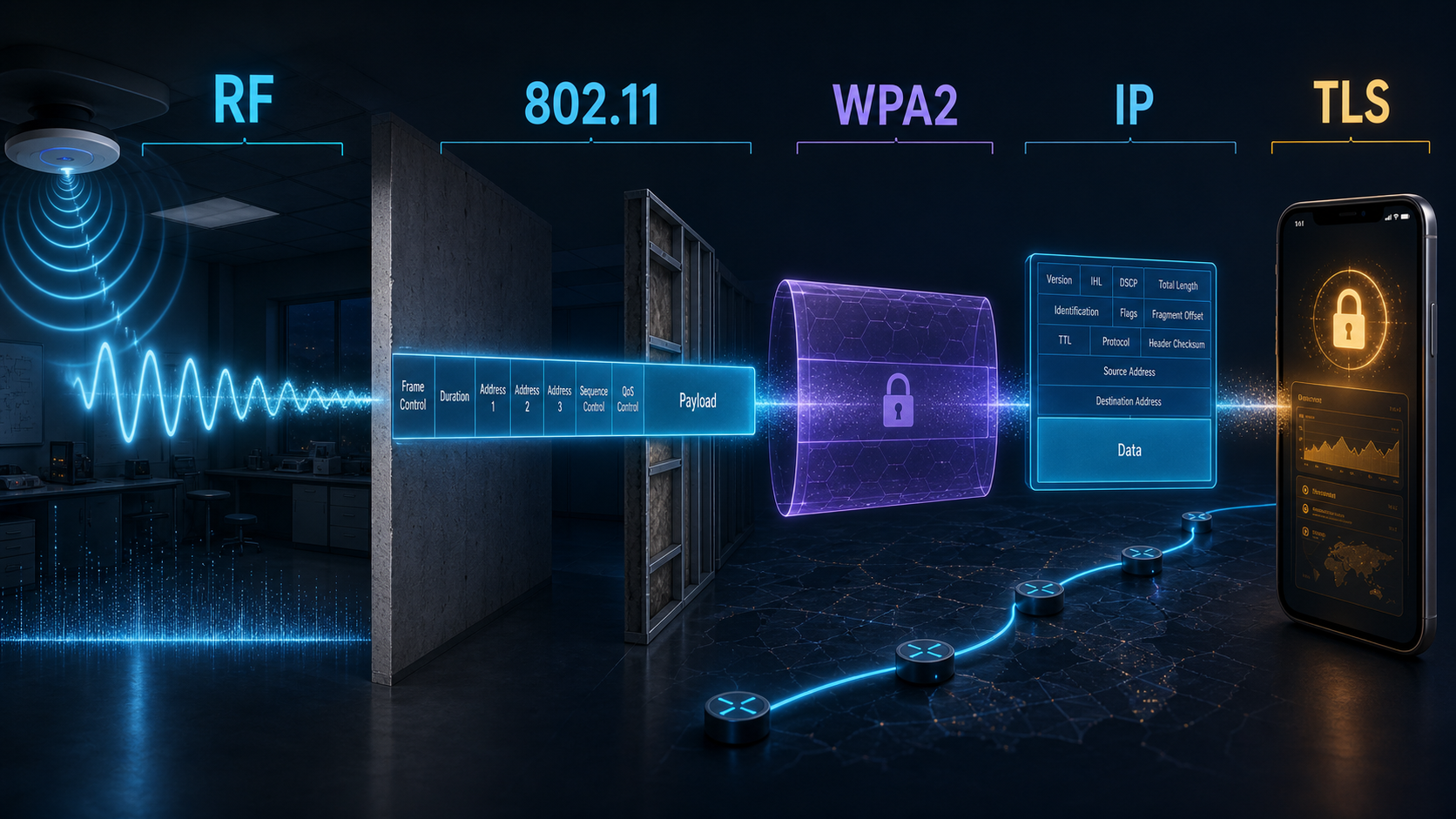 同一份信息从 RF、802.11、WPA2、IP 到 TLS 的表示变化