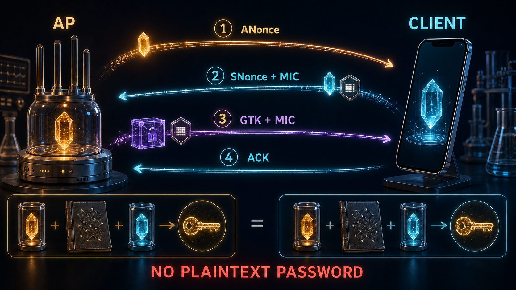 WPA2 四次握手交换 nonce、MIC 与组密钥确认,而不是传送明文密码